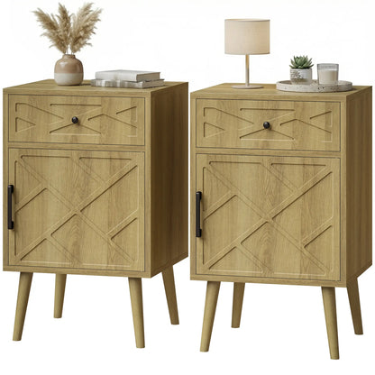 Nightstand Set Of 2, Oak, With Drawer And Cabinet Storage Side Tables Oak at Gallery Canada