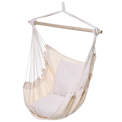 Hanging Macrame Chair, Cotton w/ Two Cushions, Indoor Outdoor, White Hammock Swings at Gallery Canada