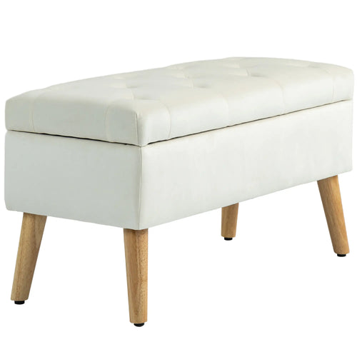 Velvet Storage Ottoman with Lid, Wood Legs, Cream White