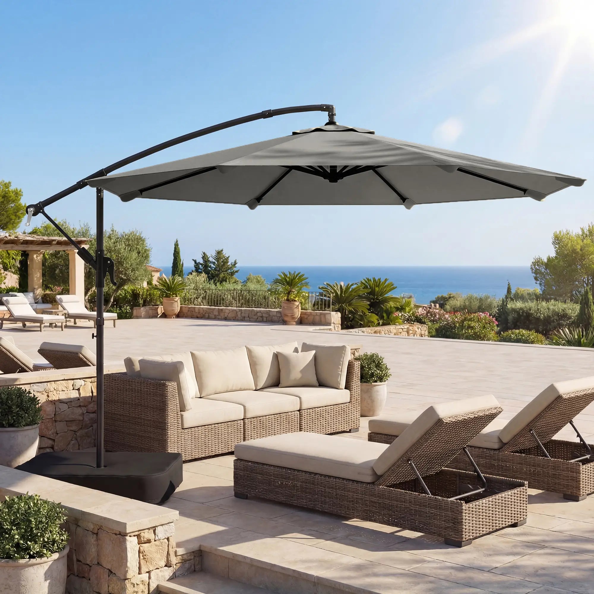 9.6 ft Offset Patio Umbrella, With Sandbag And 360° Rotation, Grey Offset Cantilever Umbrellas at Gallery Canada