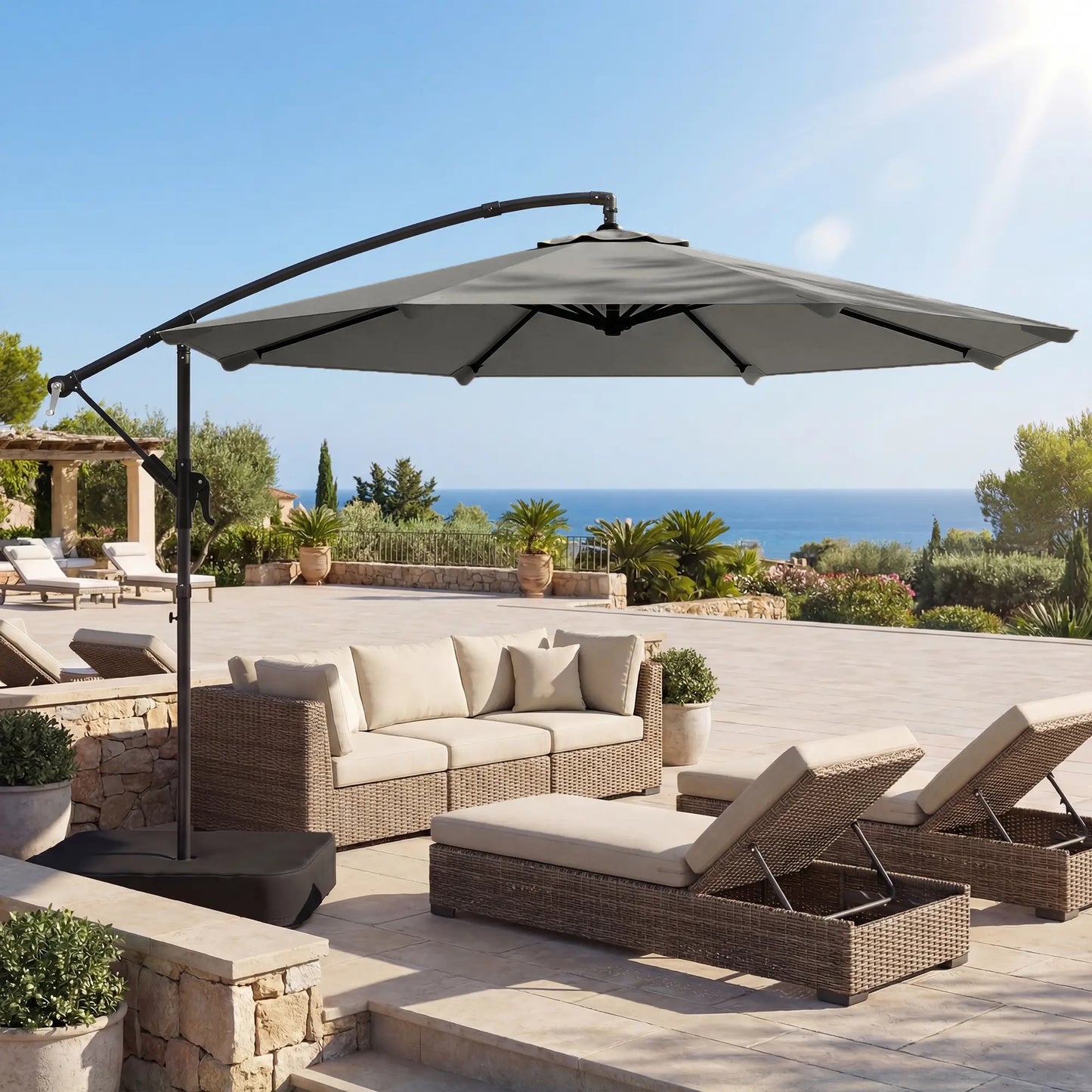 9.6 ft Offset Patio Umbrella, With Sandbag And 360° Rotation, Grey Offset Cantilever Umbrellas at Gallery Canada
