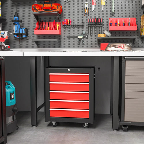 5 Drawer Roller Tool Chest, Lockable Toolbox, Storage Organizer, Black Red