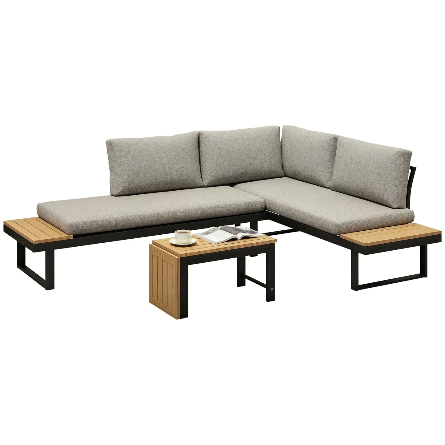 3 Piece Aluminum Corner Patio Furniture Set, Sectional Outdoor Sofa, 2 Loveseats, Wood-Plastic Coffee Table Patio Furniture Sets at Gallery Canada
