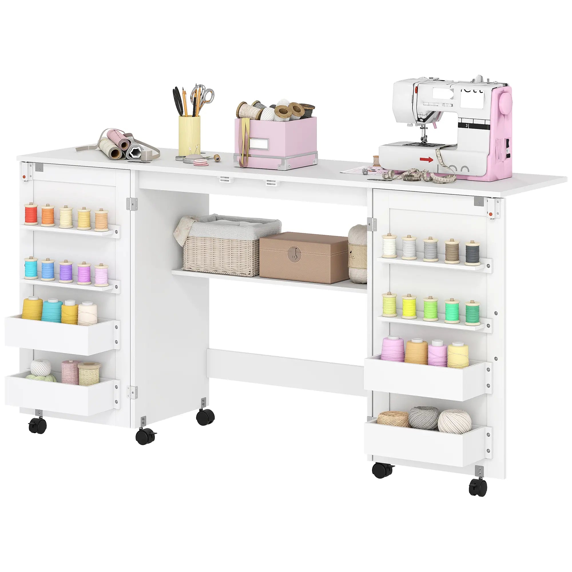 Folding Craft Table, Rolling Sewing Machine Table, Storage Shelf, White Sewing Cabinets White at Gallery Canada
