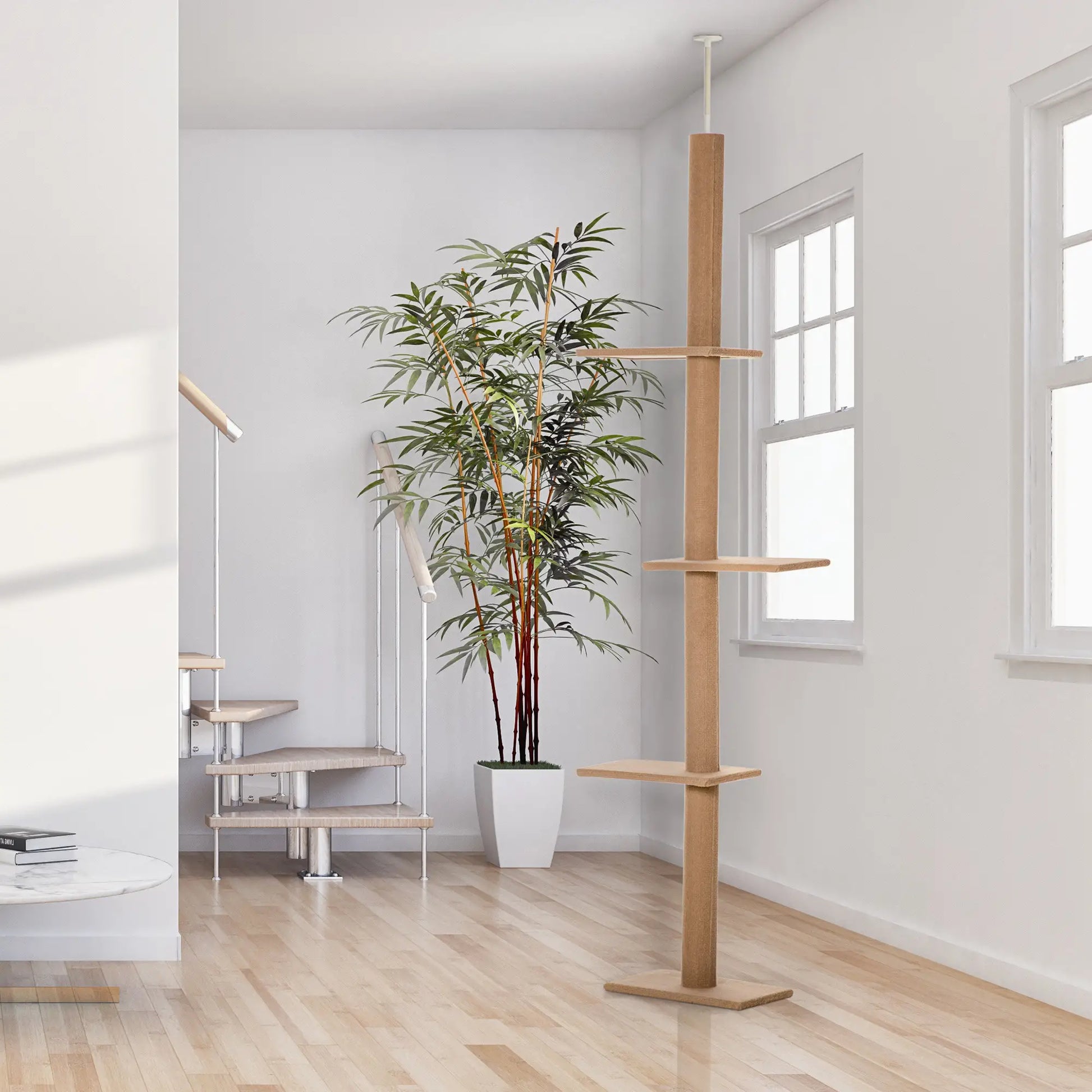 100" Floor To Ceiling Cat Tree, 3 Perches, Activity Center, Light Brown Floor to Ceiling Cat Trees at Gallery Canada