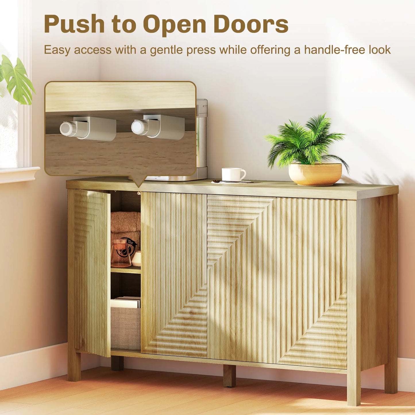 47 Inch Buffet Cabinet, Fluted Sideboard, Push Open, 2 Shelves, 4 Doors, Natural Bar Cabinets at Gallery Canada