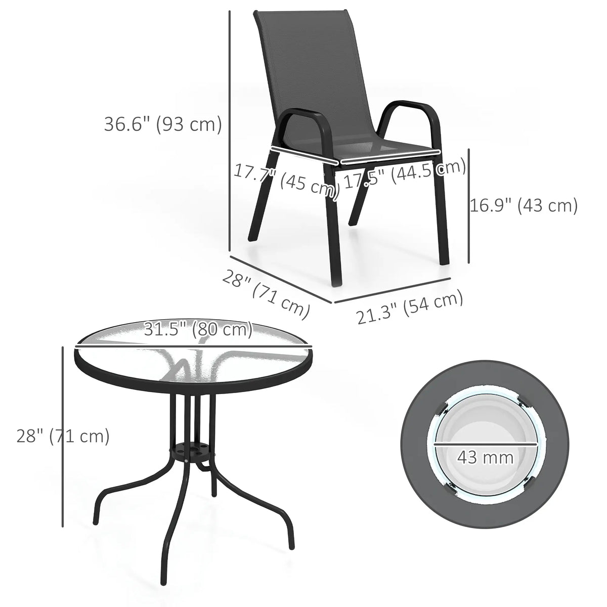 Five-Piece Steel Patio Set, Glass-Top Table, Black