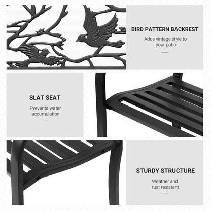 50" Garden Bench, Outdoor Loveseat, Vintage Bird Pattern, Cast Metal, Black Outdoor Benches at Gallery Canada