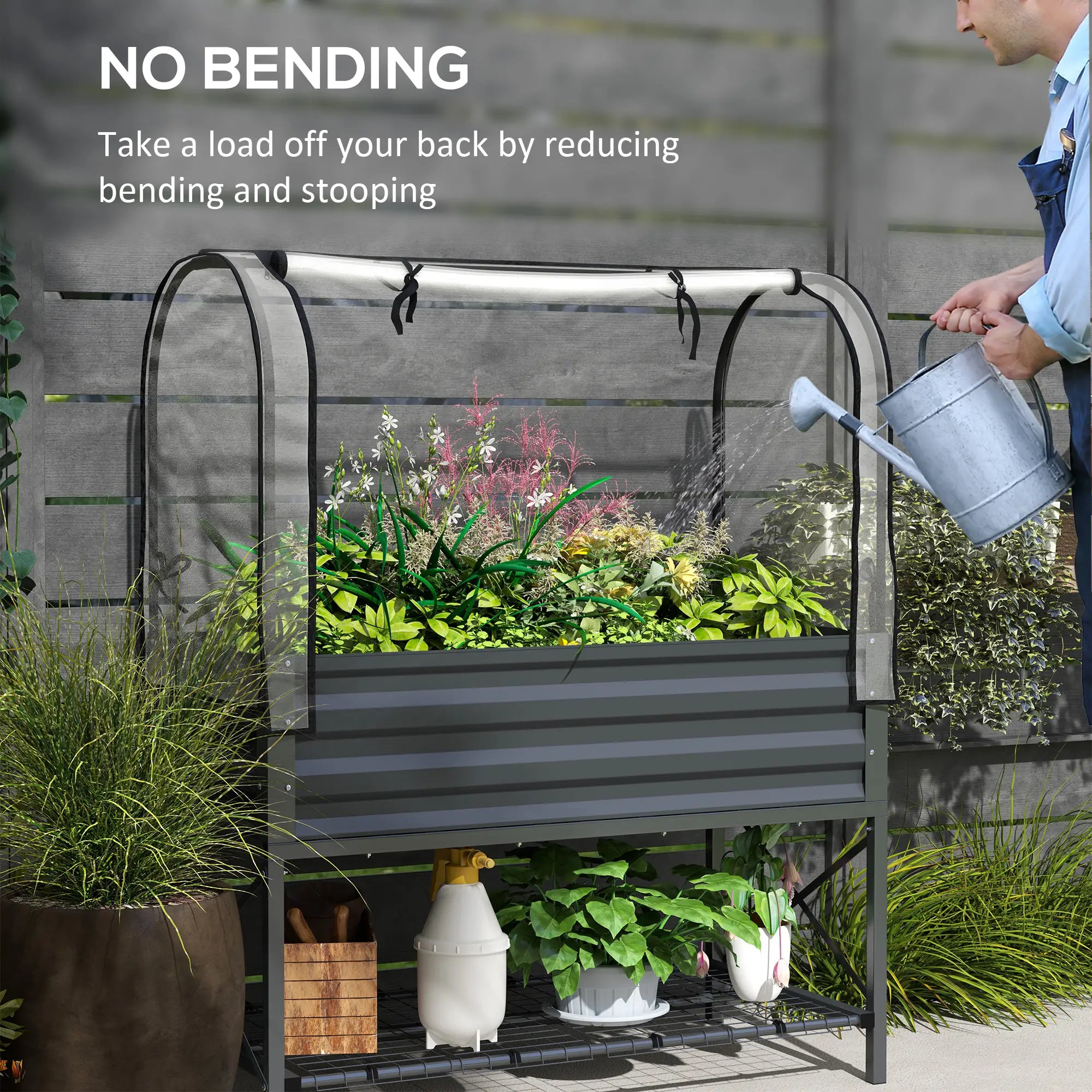 Metal Raised Garden Bed With Cover, With Bottom Shelf And Liner, Dark Grey Elevated Garden Beds at Gallery Canada
