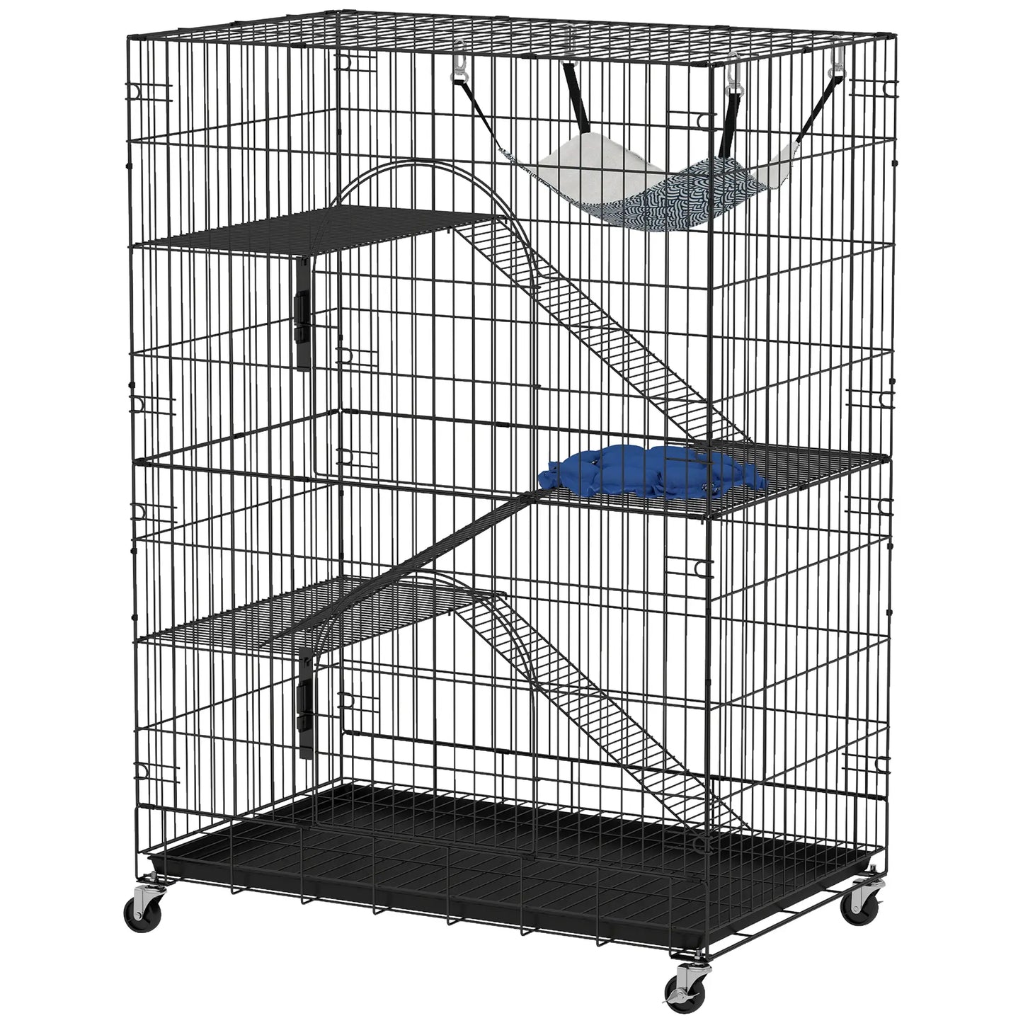 4-Tier Cat Cage, Large Enclosure with Lockable Wheels, Tray, Hammock Outdoor Cat Enclosures Black, Grey, Blue at Gallery Canada