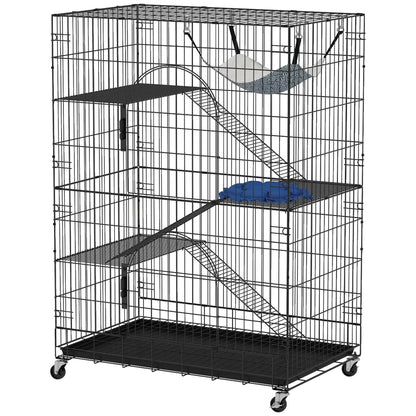 4-Tier Cat Cage, Large Enclosure with Lockable Wheels, Tray, Hammock Outdoor Cat Enclosures Black, Grey, Blue at Gallery Canada