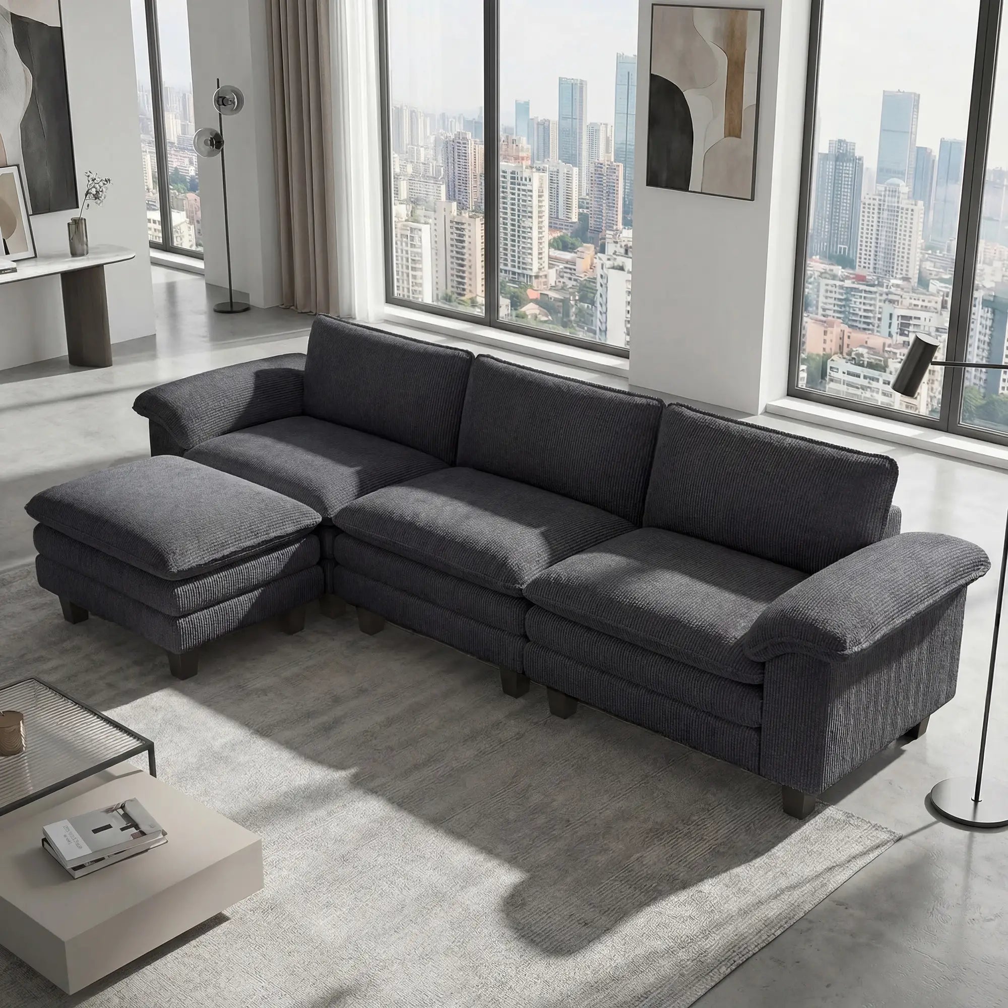 L-Shaped Sectional Sofa, Movable Ottoman, Pillow-Top Armrests, Dark Grey 3-Seater Sofas at Gallery Canada