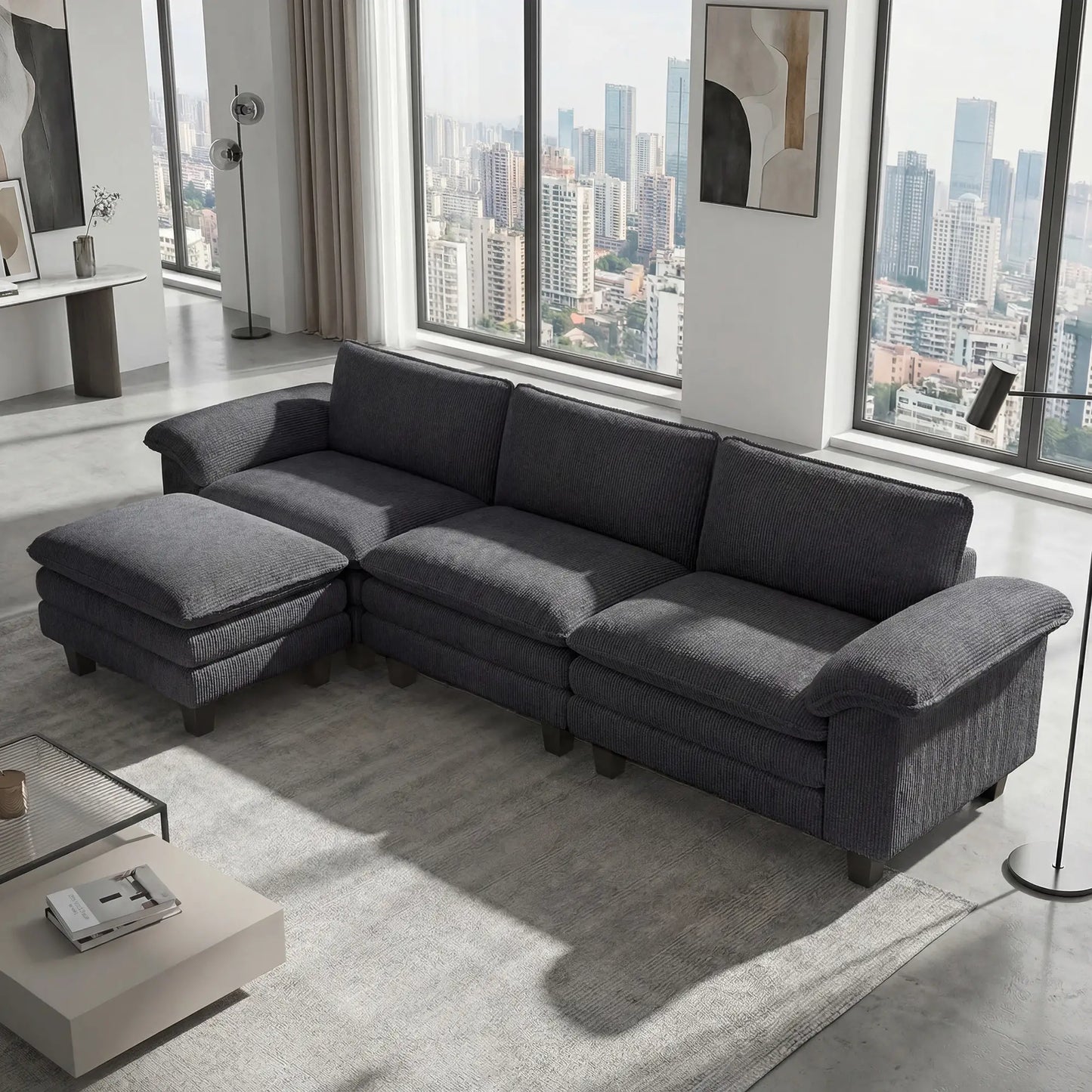 L-Shaped Sectional Sofa, Movable Ottoman, Pillow-Top Armrests, Dark Grey 3-Seater Sofas at Gallery Canada