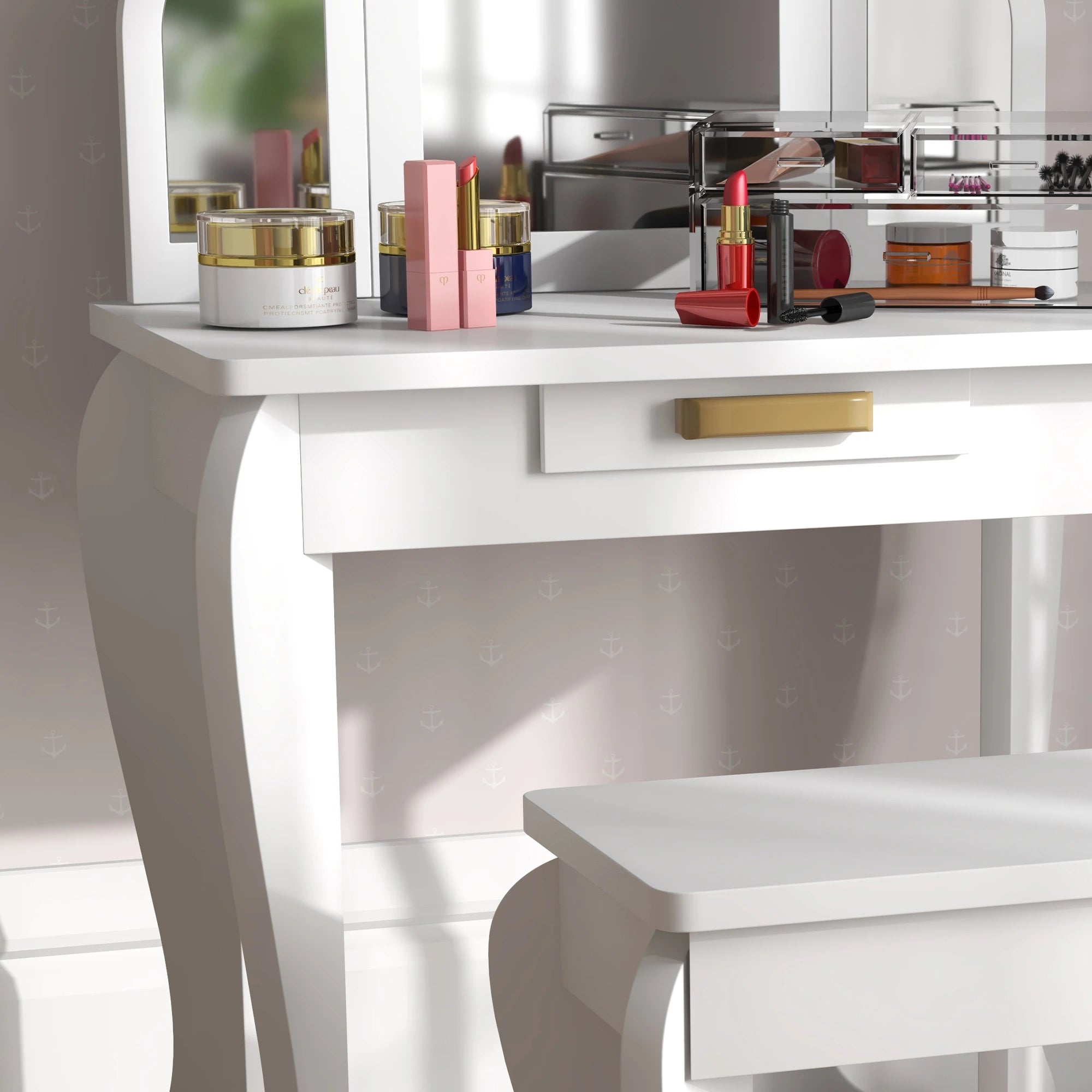 Kids Dressing Table and Chair Set, Makeup Desk with Drawer, White Toy Vanity at Gallery Canada