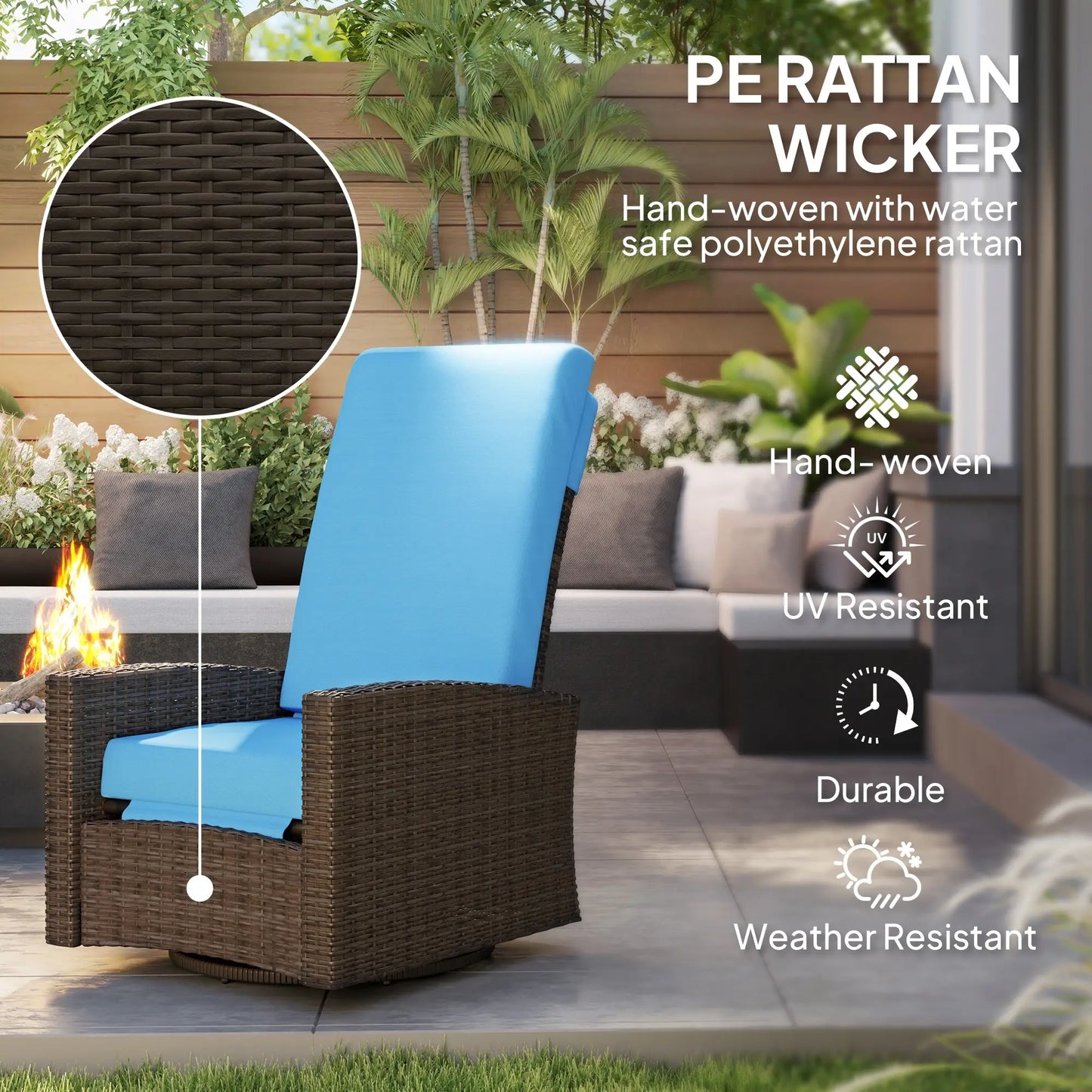 Outdoor Rattan Lounge Chair with Footrest, Soft Cushion, Sky Blue Patio Chairs at Gallery Canada