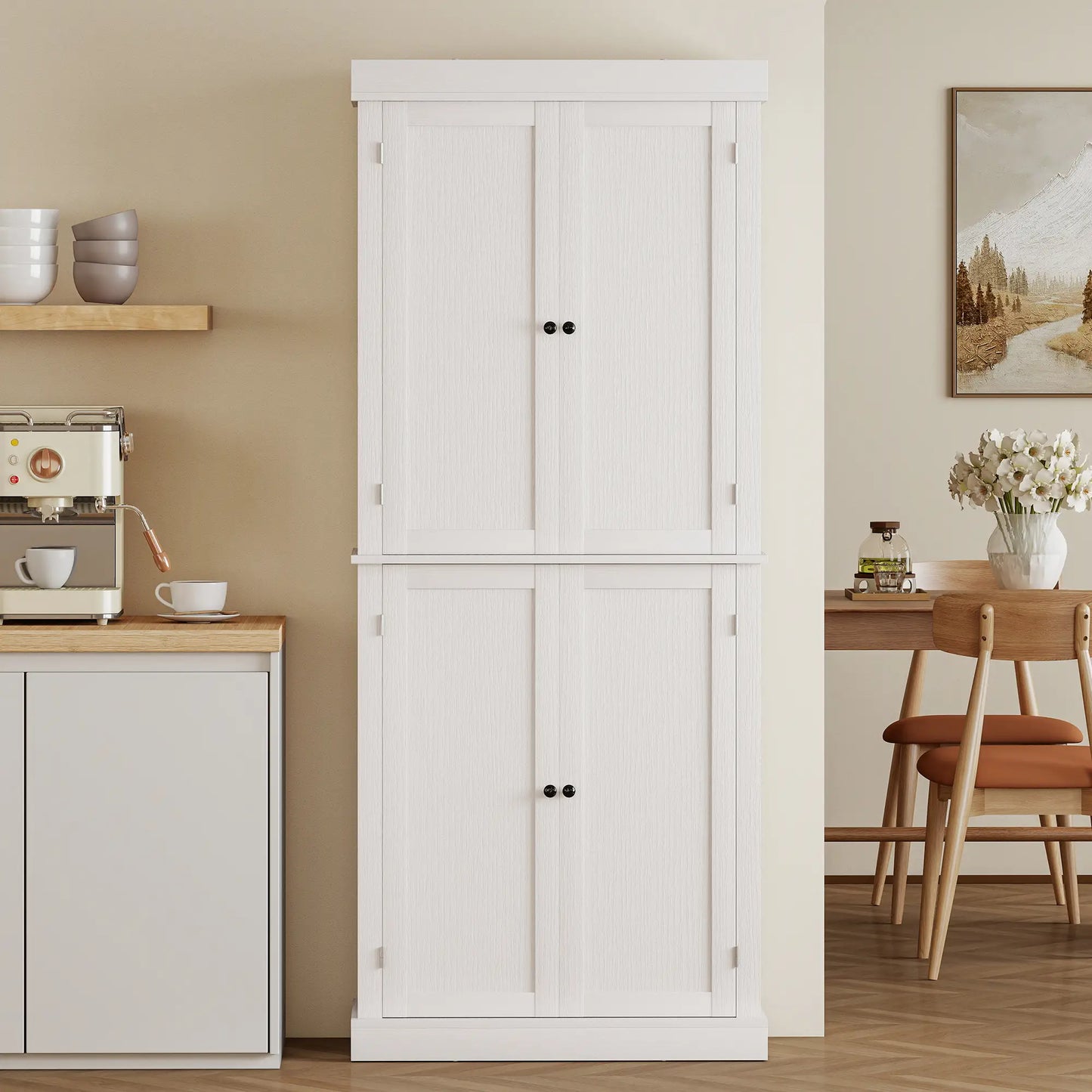 72.5" Freestanding Kitchen Pantry Cabinet, 4 Doors, White Kitchen Pantry Cabinets at Gallery Canada
