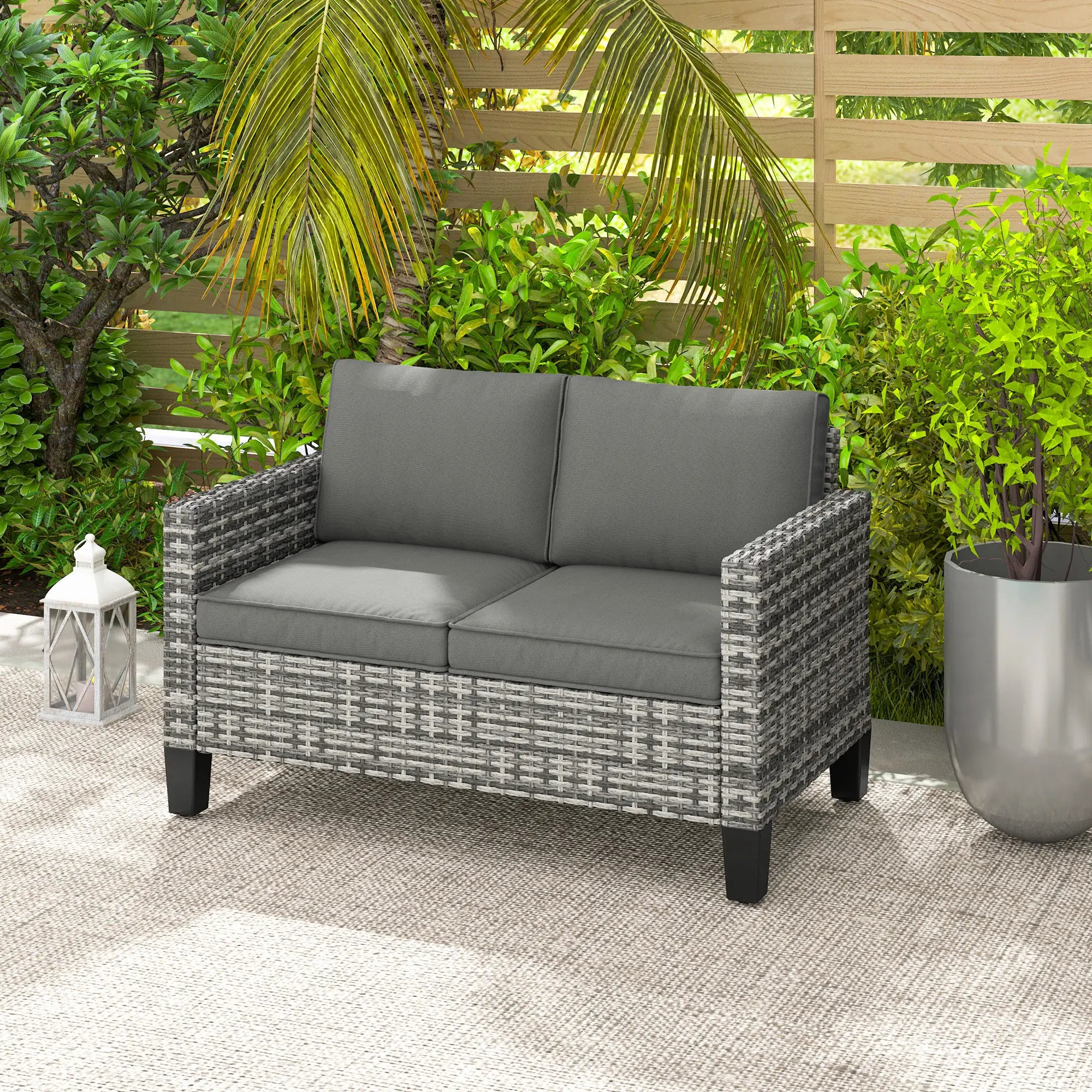 2 Seater Rattan Outdoor Sofa with Cushions, Dark Grey Patio Furniture Sets at Gallery Canada