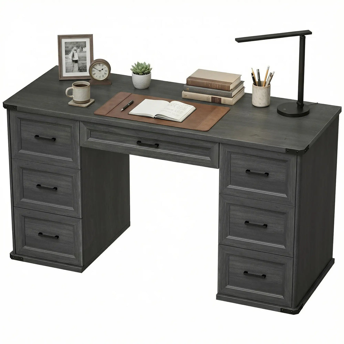55" Computer Desk With 7 Drawers, Farmhouse Executive Desk, Black Wood Grain, Black Computer Desks Black Wood Grain at Gallery Canada