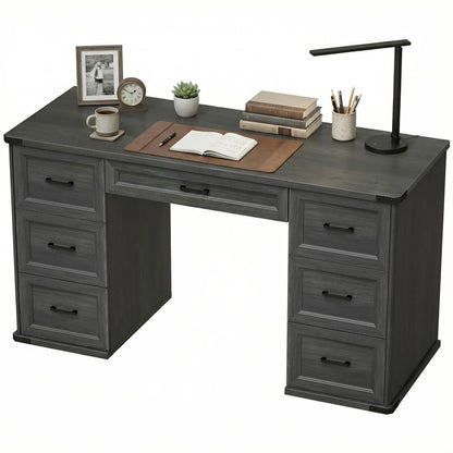 55" Computer Desk With 7 Drawers, Farmhouse Executive Desk, Black Wood Grain, Black Computer Desks Black Wood Grain at Gallery Canada
