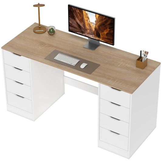Desk With 8 Drawers, 55.1"W, White, Modern Computer Desk, White Computer Desks White, Natural Wood at Gallery Canada