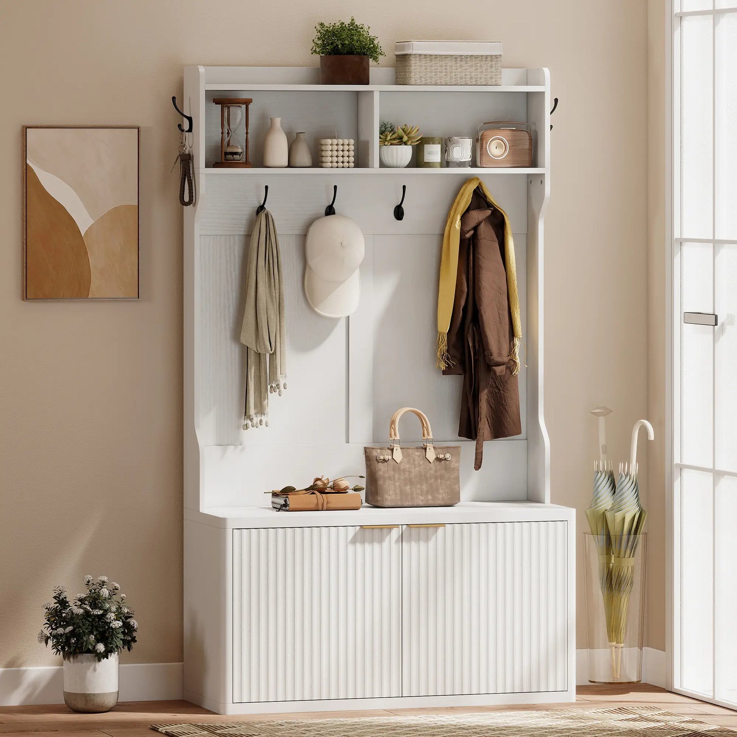 4-In-1 Hall Tree With Shoe Bench, Modern Coat Rack With Open Shelf, White Clothing Storage at Gallery Canada