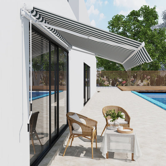 8' x 7' Retractable Awning, Patio Awnings, Sunshade Shelter with 280g/m² UV &; Water-Resistant Fabric and Aluminum Frame for Deck, Balcony, Yard, Green and White - Gallery Canada