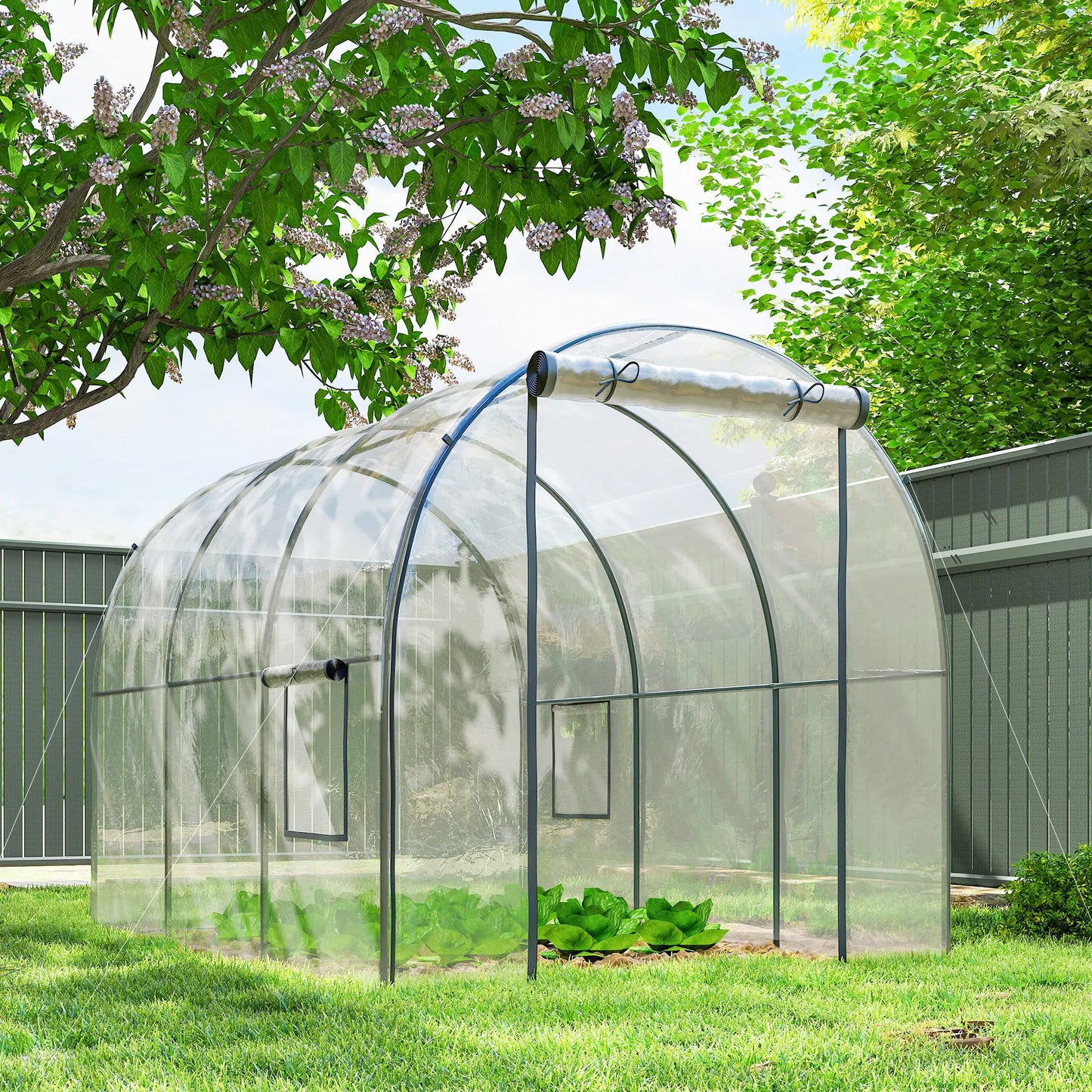 Polytunnel Greenhouse, Roll-Up Door, Mesh Window, 3 x 2 x 2 m, Clear