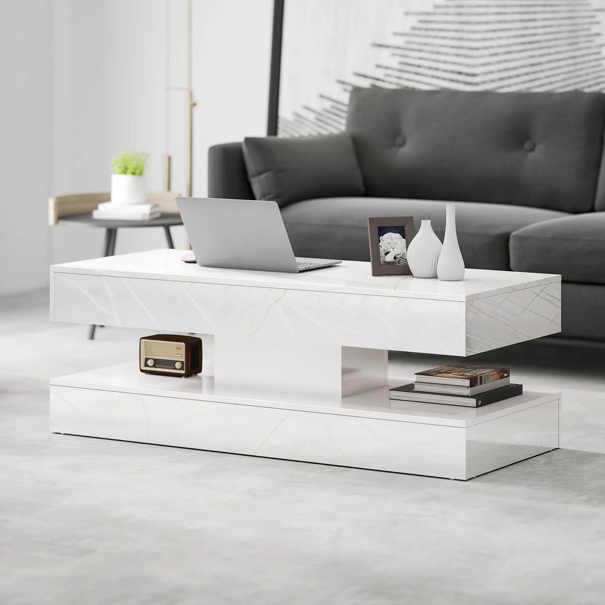 Adjustable LED Coffee Table, 2 Drawers, Open Shelf, Remote, White Coffee Tables at Gallery Canada