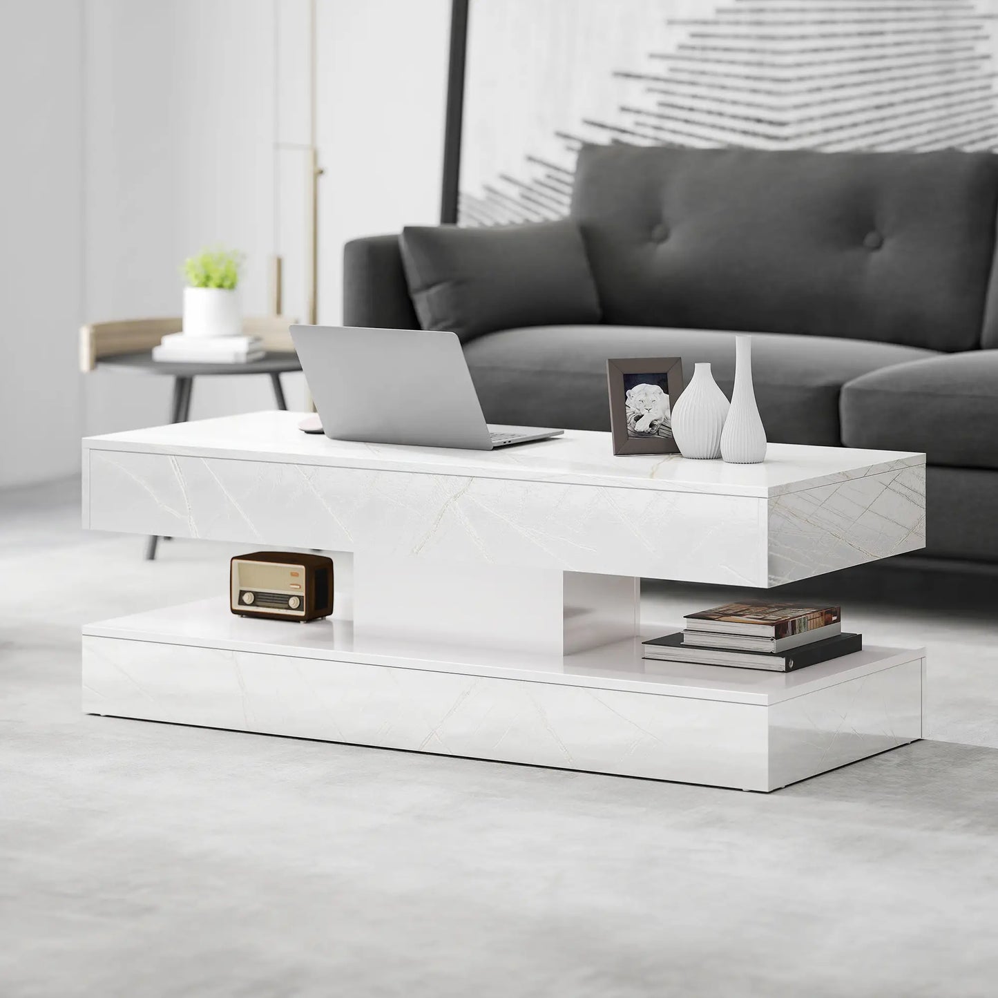 Adjustable LED Coffee Table, 2 Drawers, Open Shelf, Remote, White Coffee Tables at Gallery Canada