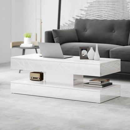 Adjustable LED Coffee Table, 2 Drawers, Open Shelf, Remote, White Coffee Tables at Gallery Canada
