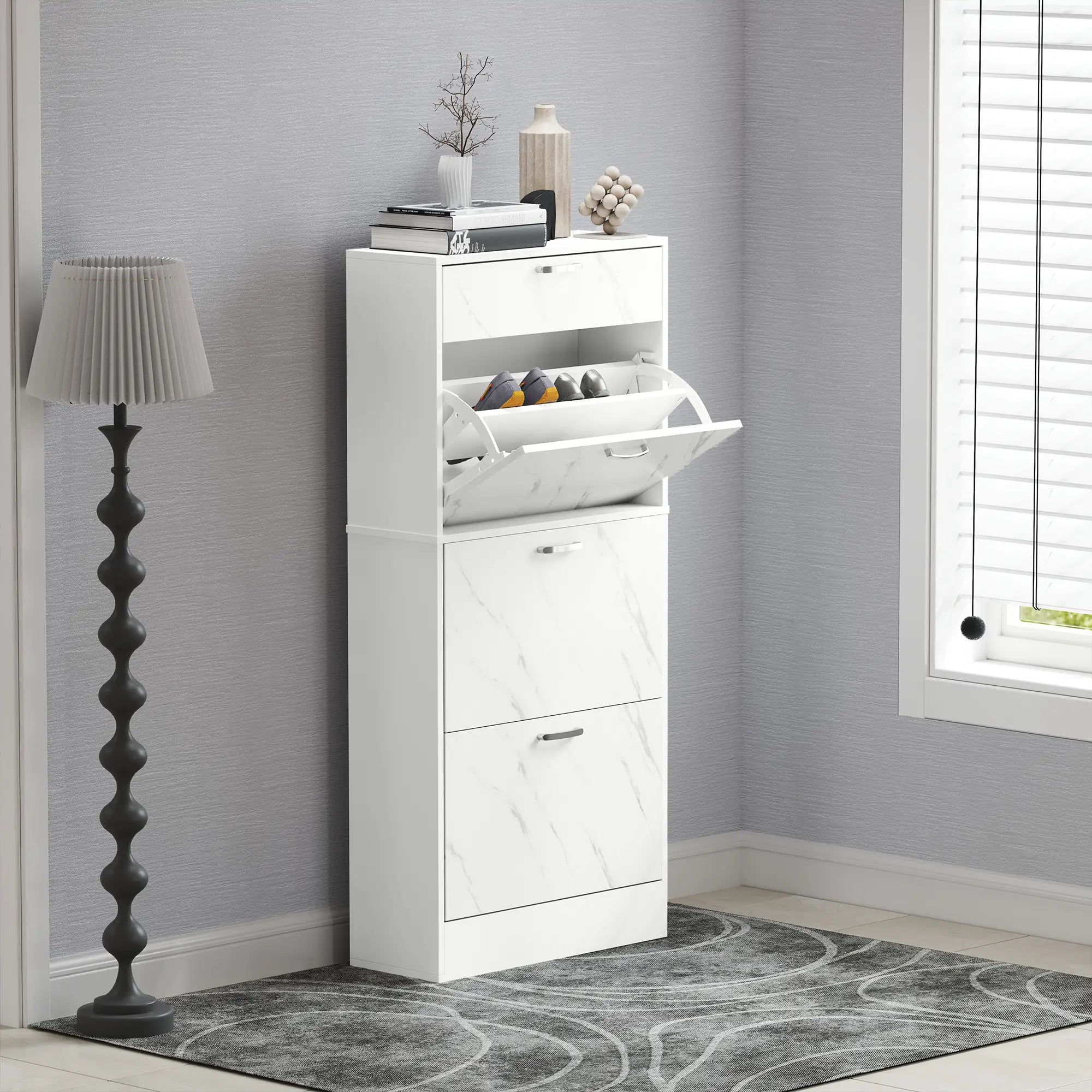3 Flip Drawer Shoe Cabinet, Marble-Effect Narrow, White Shoe Storage Cabinets & Racks at Gallery Canada