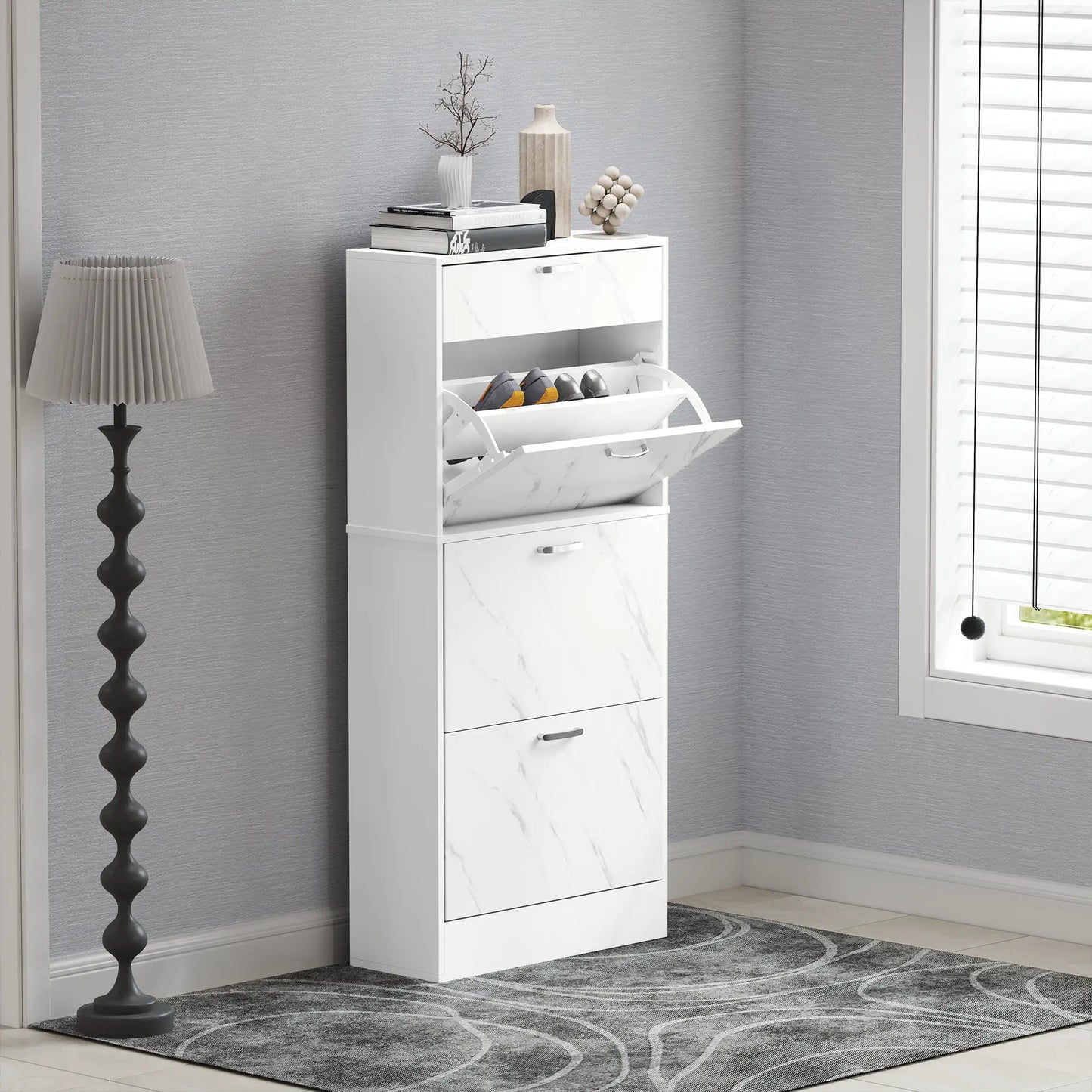 3 Flip Drawer Shoe Cabinet, Marble-Effect Narrow, White Shoe Storage Cabinets & Racks at Gallery Canada