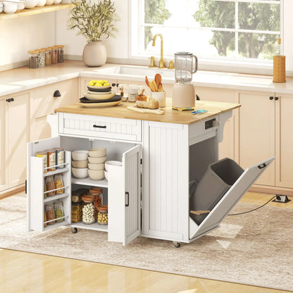 Portable Kitchen Island Cart, Rubber Wood Drop Leaf, Trash Storage, White Kitchen Islands & Kitchen Carts at Gallery Canada