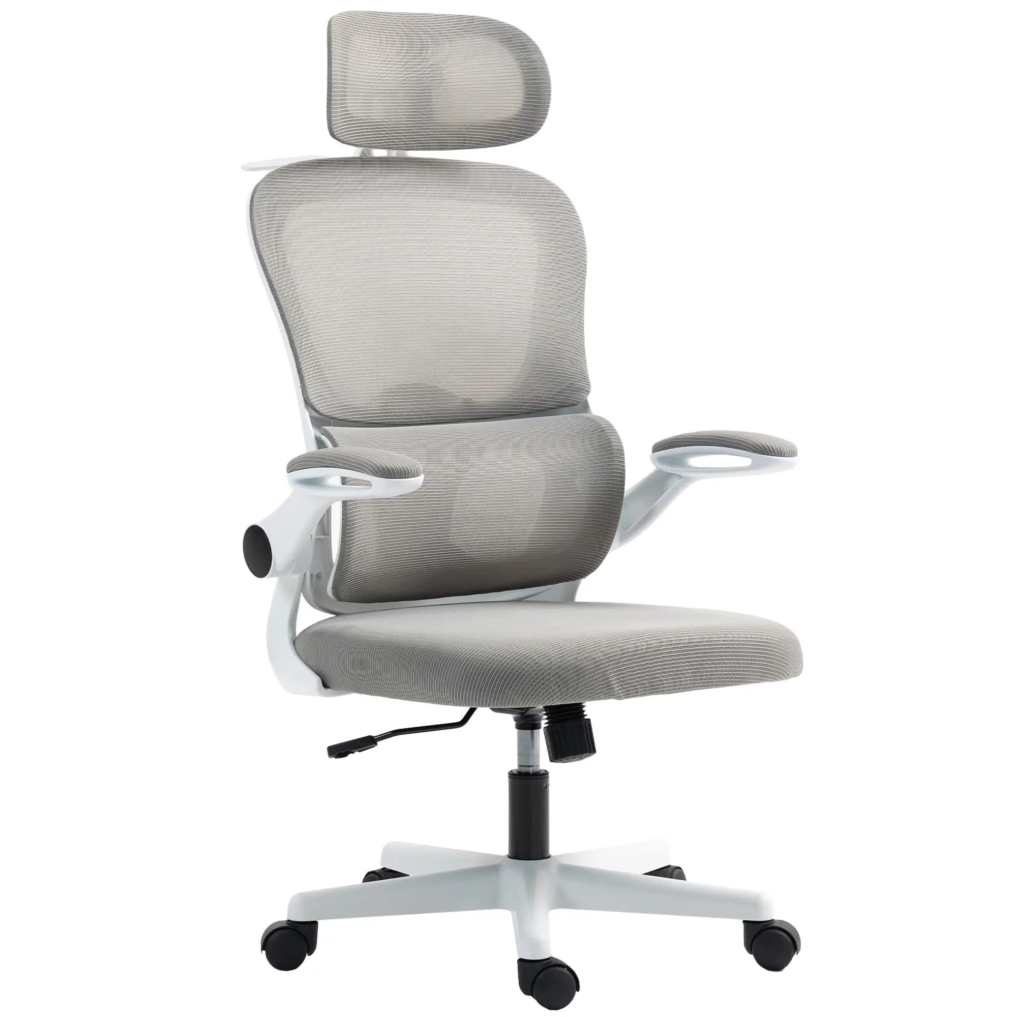 Mesh Office Chair, Ergonomic with Flip-Up Armrest, Rotatable Headrest, Adjustable Lumbar Support, Grey Office Chairs Grey at Gallery Canada