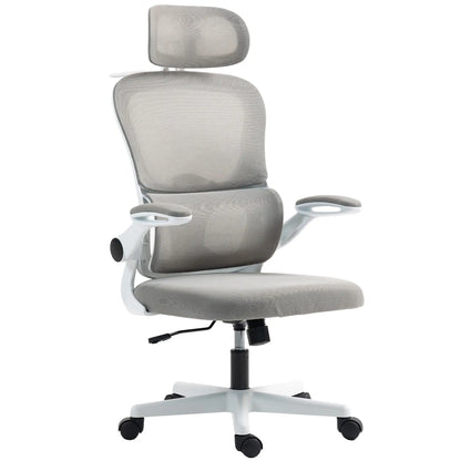 Mesh Office Chair, Ergonomic with Flip-Up Armrest, Rotatable Headrest, Adjustable Lumbar Support, Grey Office Chairs Grey at Gallery Canada
