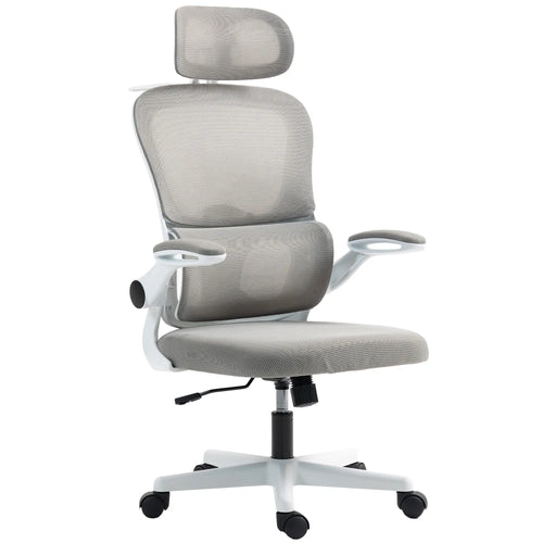 Mesh Office Chair, Ergonomic with Flip-Up Armrest, Rotatable Headrest, Adjustable Lumbar Support, Grey