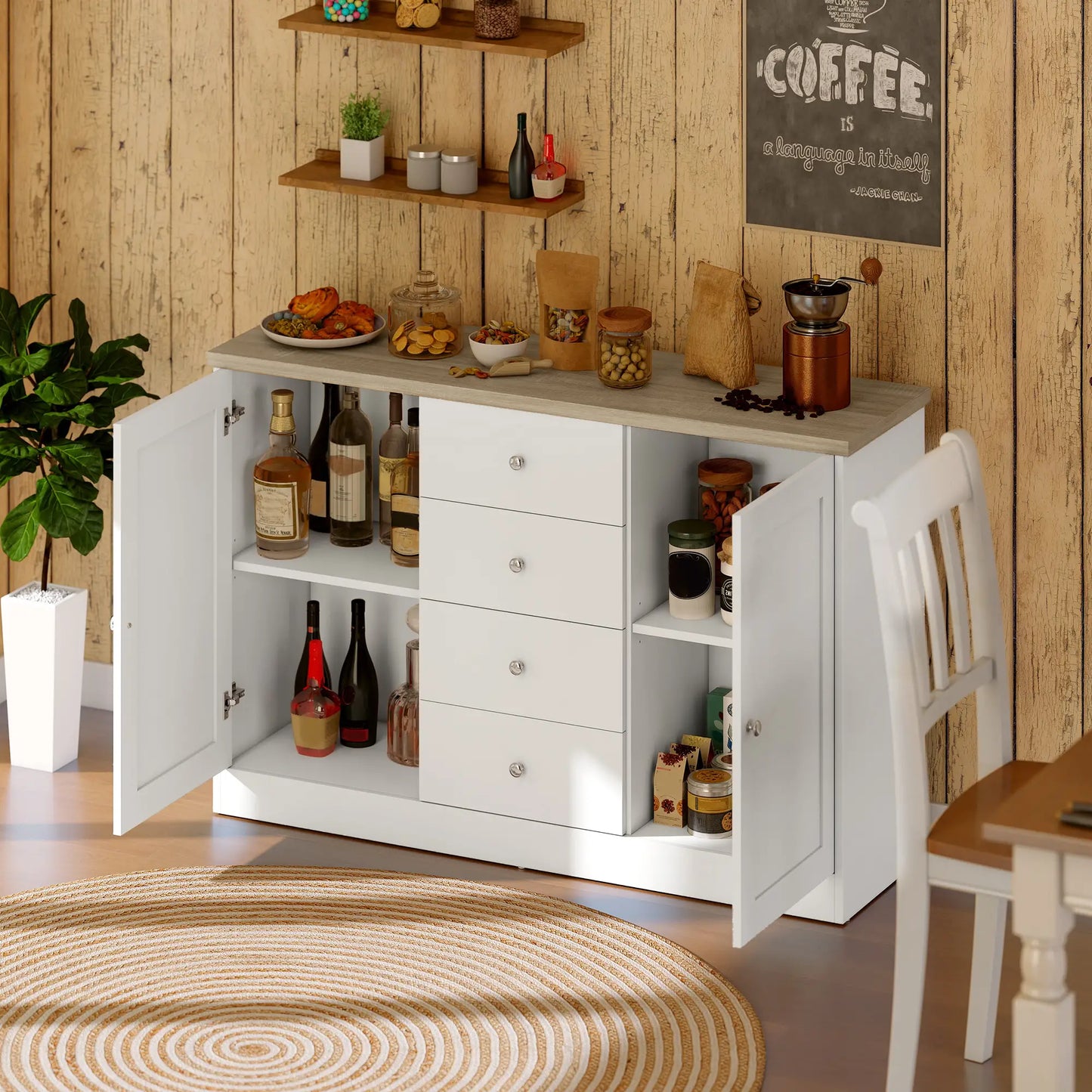 Country Style Sideboard Buffet, Coffee Bar Cabinet, Adjustable Shelf, 2 Shaker Doors, 4 Drawers, White Bar Cabinets at Gallery Canada