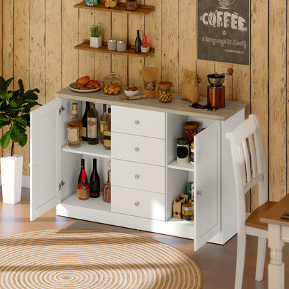 Country Style Sideboard Buffet, Coffee Bar Cabinet, Adjustable Shelf, 2 Shaker Doors, 4 Drawers, White Bar Cabinets at Gallery Canada