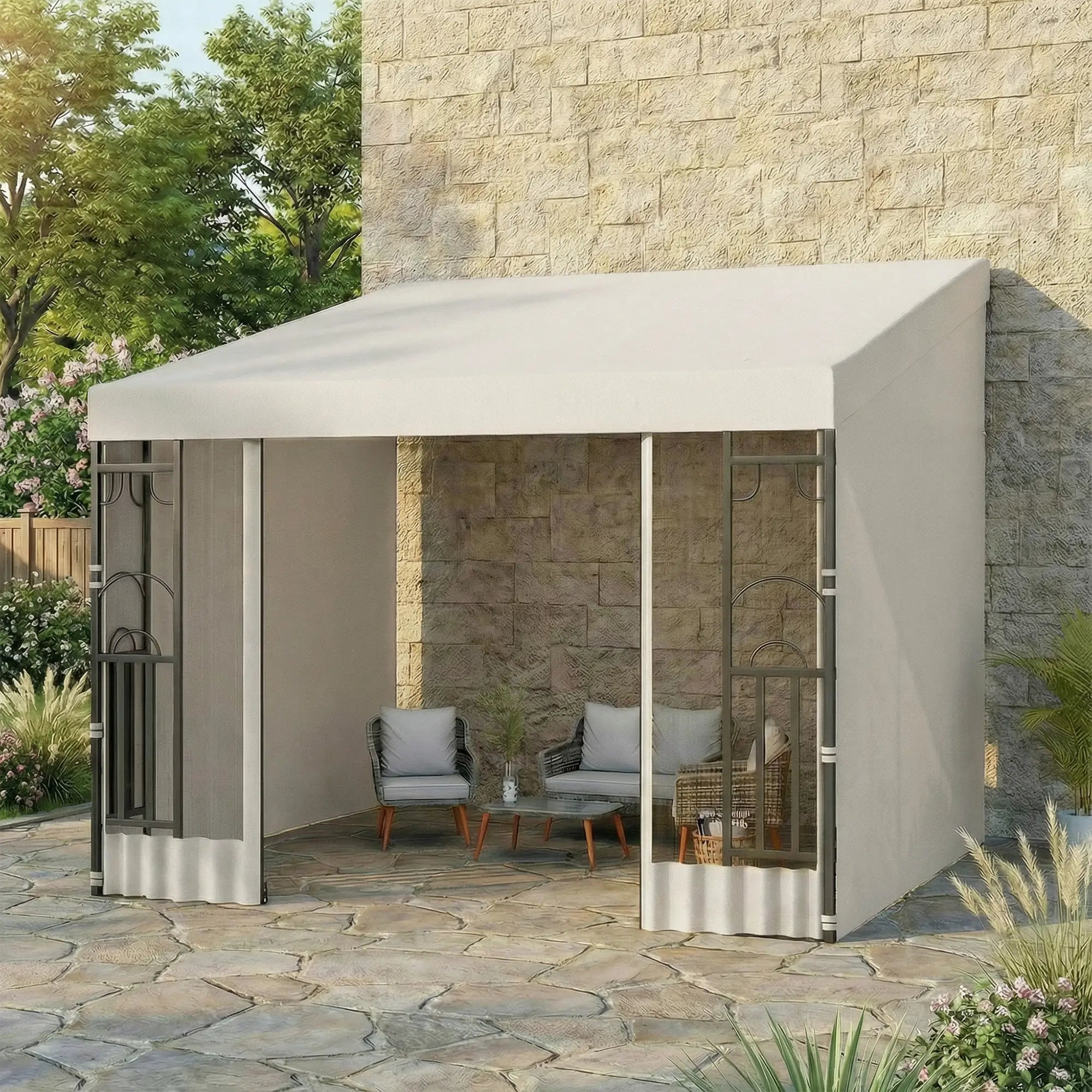 10' x 10' Wall Pergola, Outdoor Gazebo, 2 Curtains, 2 Nettings, Beige Pergolas at Gallery Canada