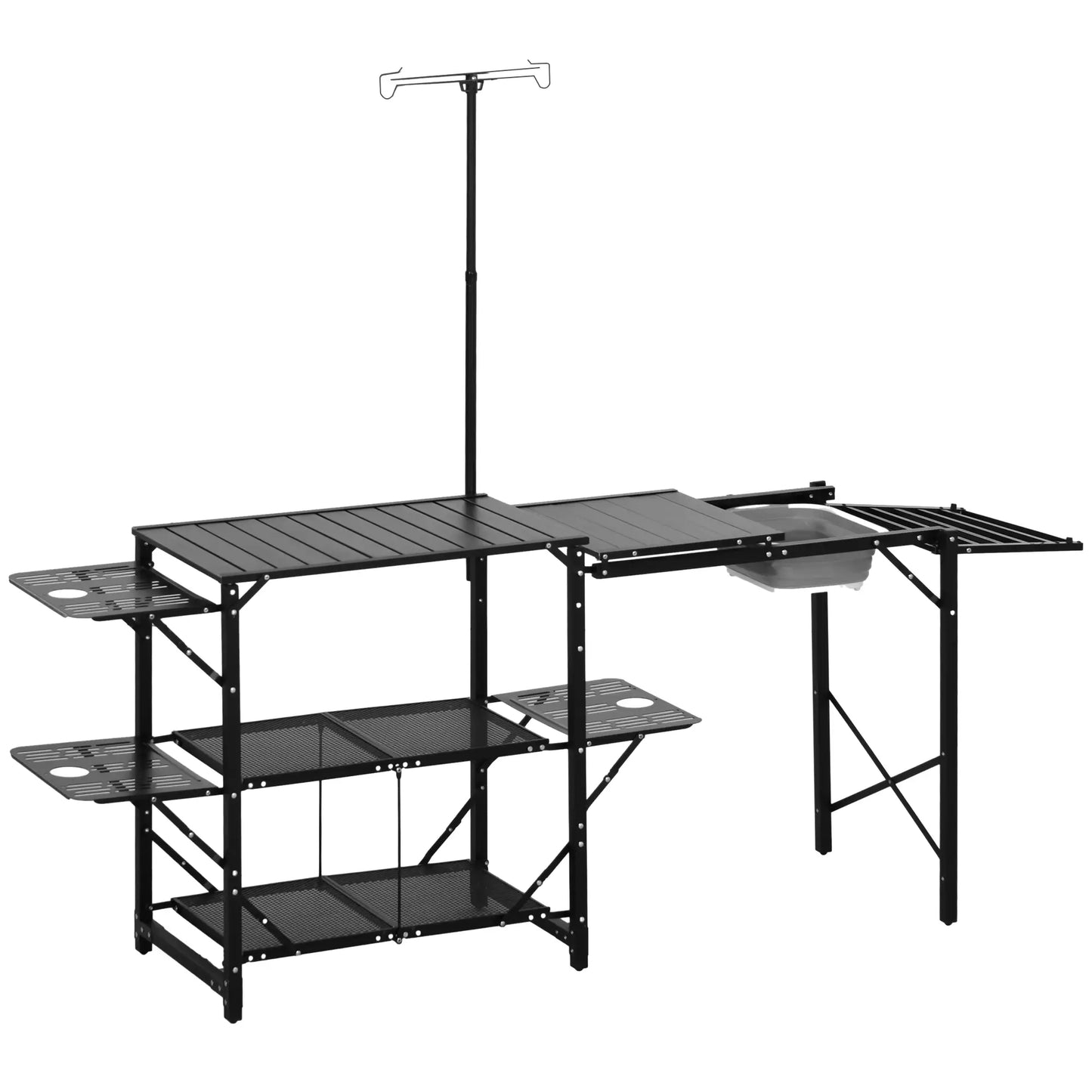 Folding Camping Kitchen, Portable Aluminum Cook Station, 3 Side Tables, 2 Shelves, Black Picnic Tables & Camping Chairs at Gallery Canada