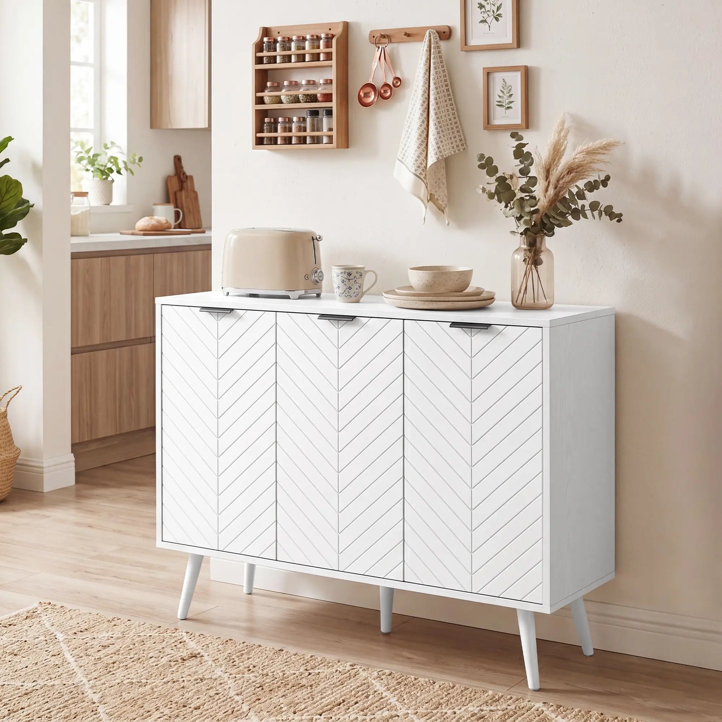 Modern Sideboard and Buffet, Dining Room Cabinet with Adjustable Shelves and 3 Doors, White Storage Cabinets at Gallery Canada