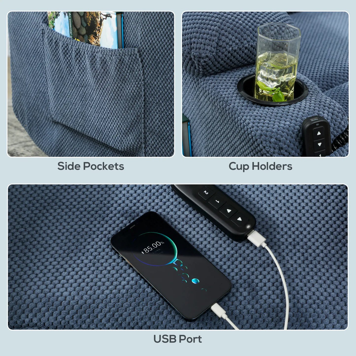 Electric Lift Recliner Chair, Massage, Side Pockets, Cup Holders, Remote, Blue Electric Power Lift Chairs at Gallery Canada