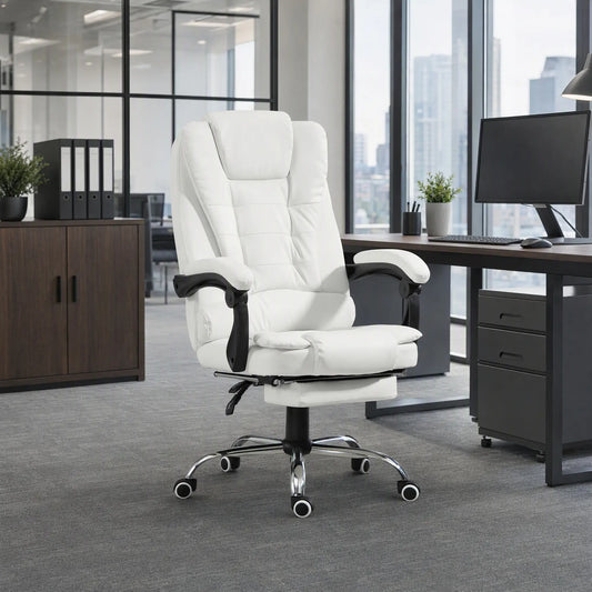High Back Office Chair, PU Leather, Retractable Footrest, Padded Armrest, White Executive & Manager Chairs White at Gallery Canada