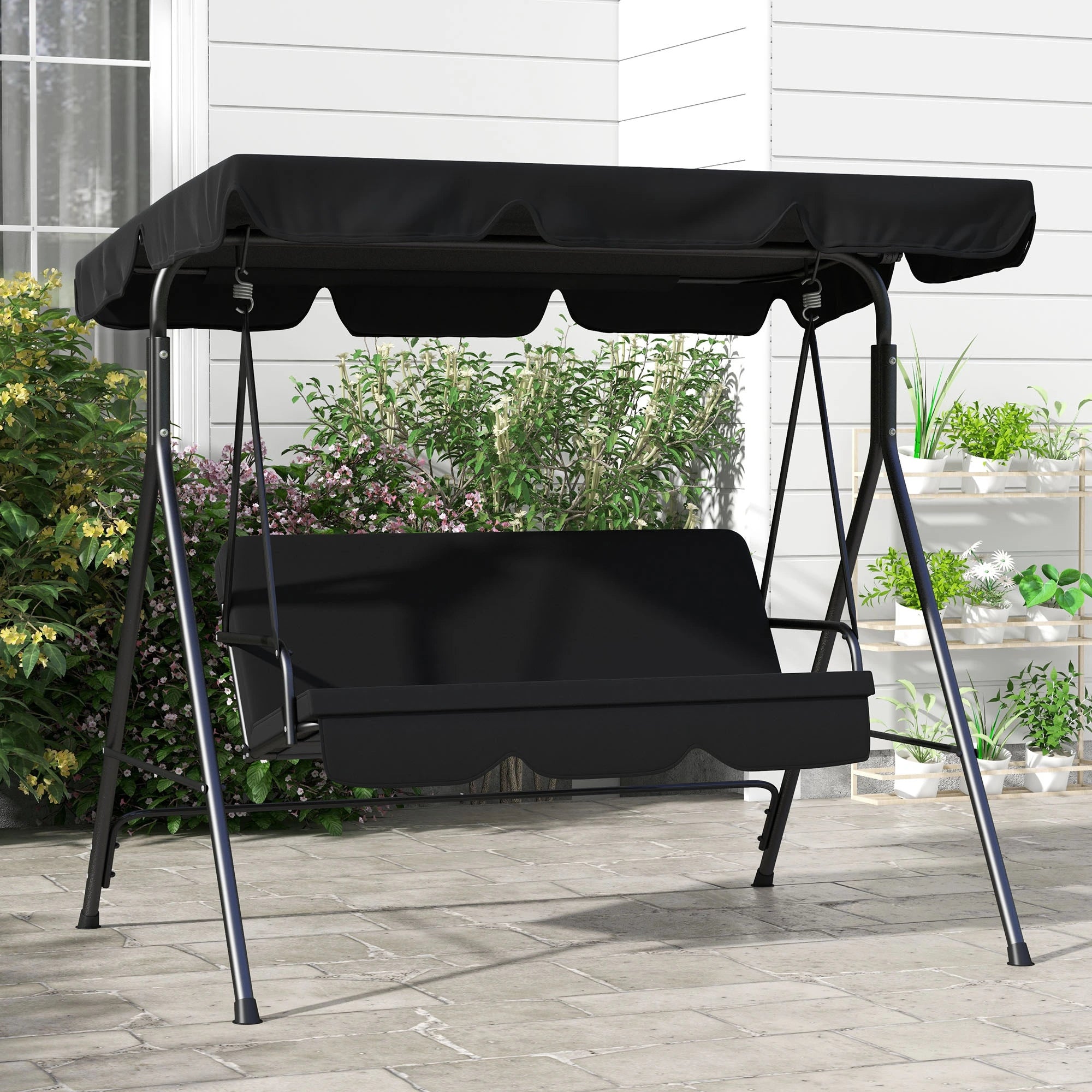 3-Seater Outdoor Porch Swing, Adjustable Canopy, Black Patio Swings with Stand at Gallery Canada