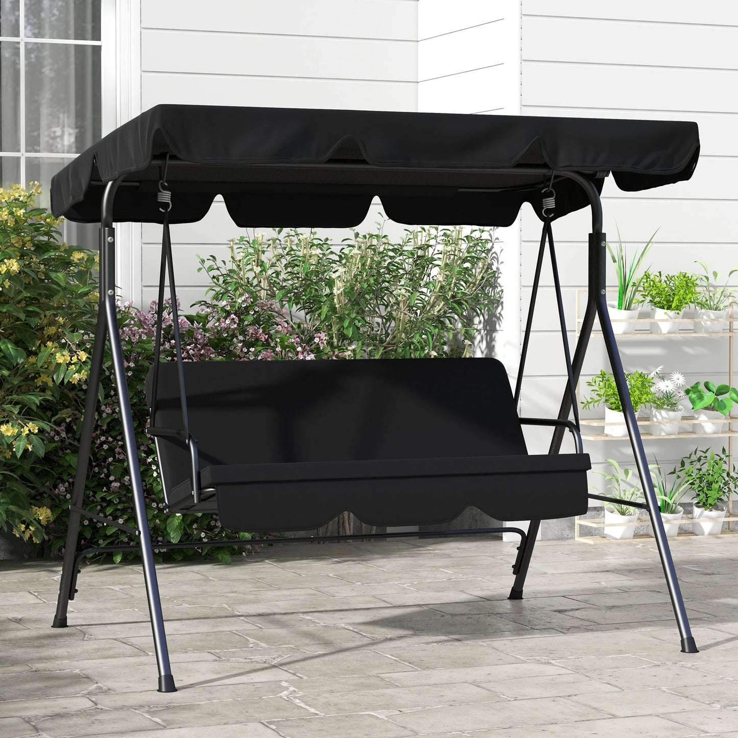 3-Seater Outdoor Porch Swing, Adjustable Canopy, Black Patio Swings with Stand at Gallery Canada