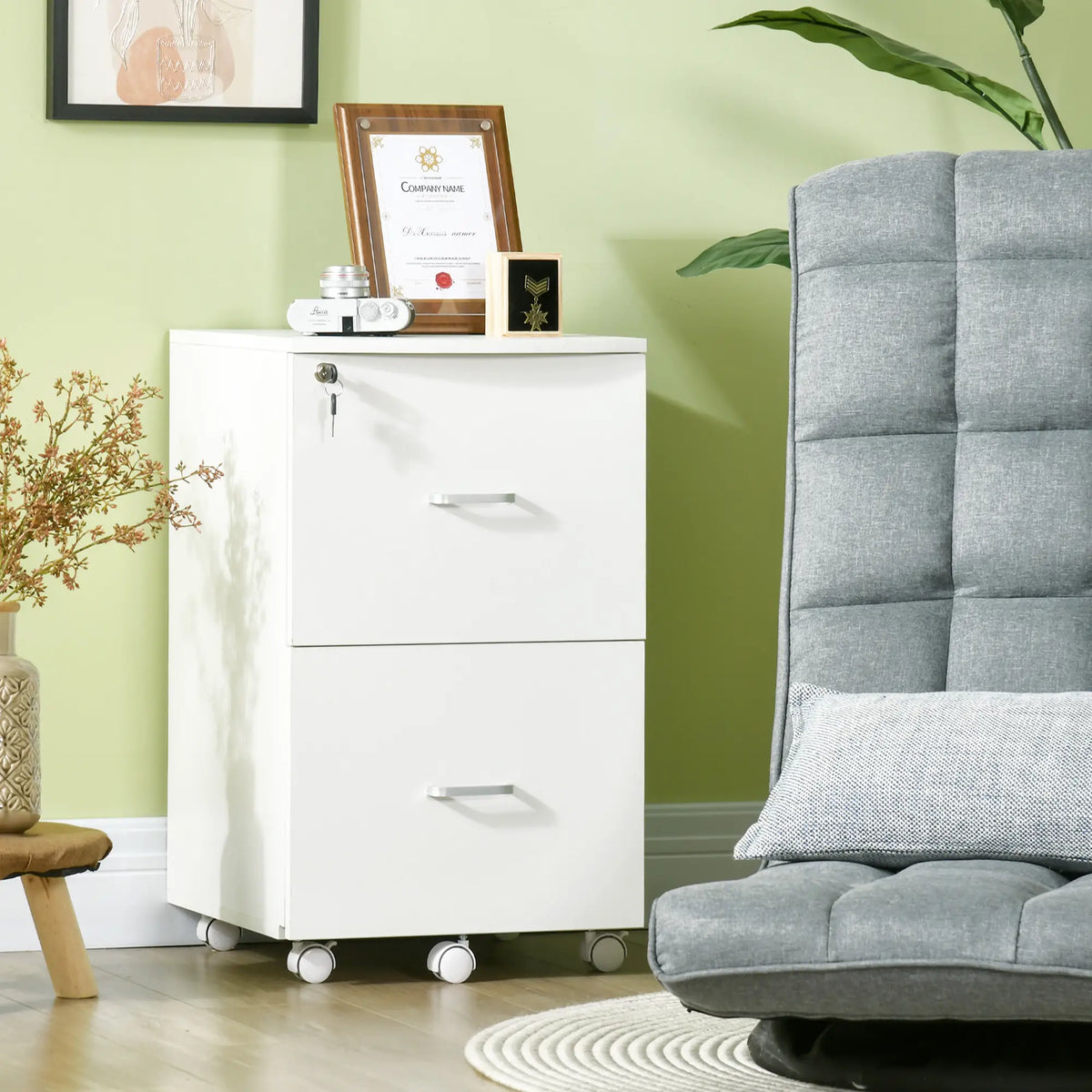 2 Drawer Mobile File Cabinet with Lock, Wood, Letter and A4 Size, White Office Cabinets & Cupboards at Gallery Canada