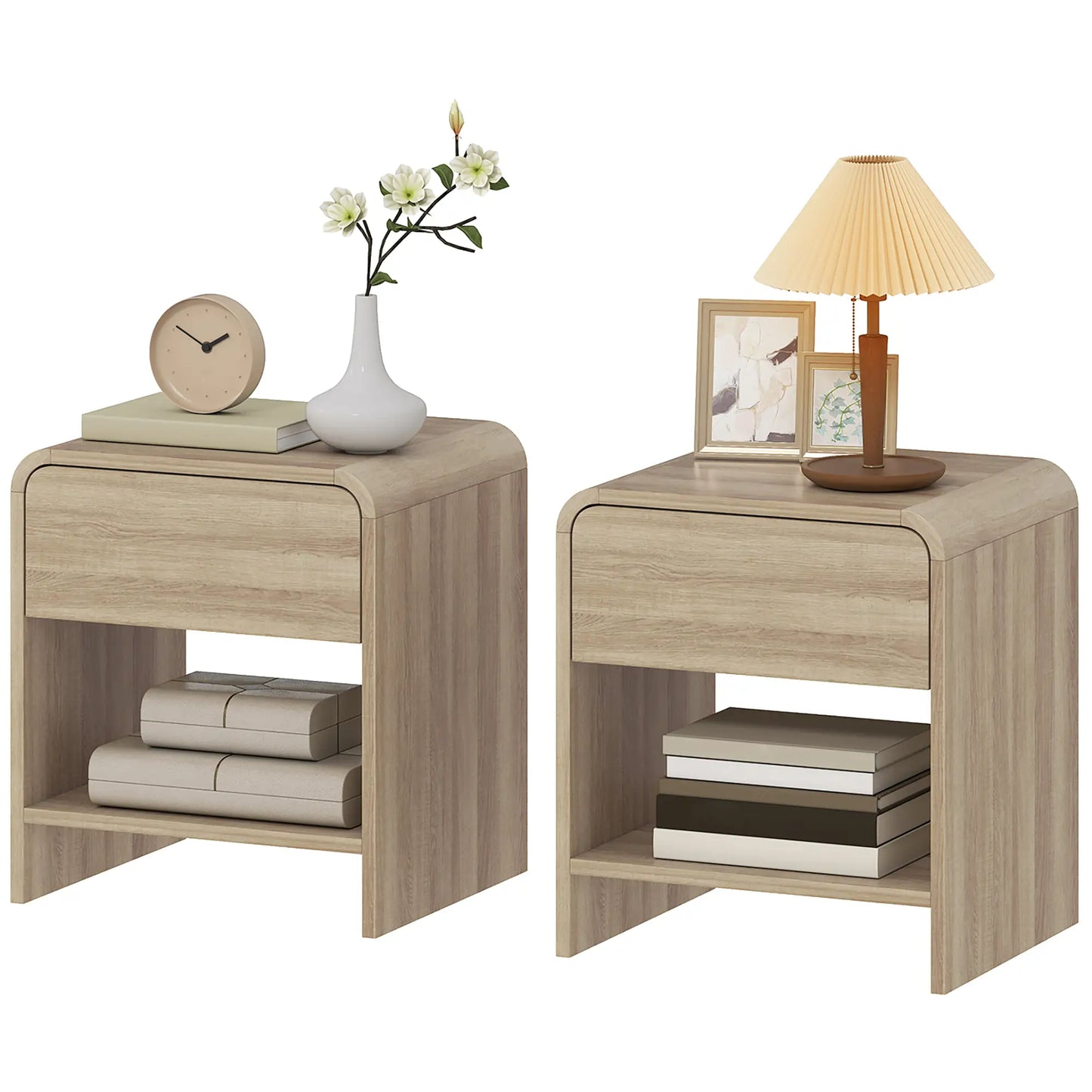 Modern Nightstand Set Of 2, Natural Wood, With Drawer And Open Shelf