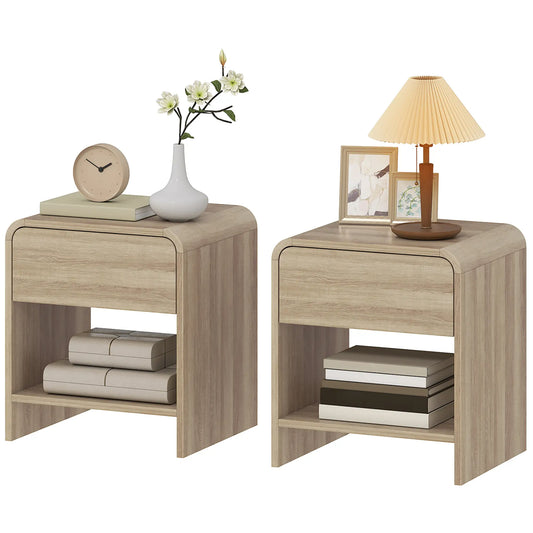 Modern Nightstand Set Of 2, Natural Wood, With Drawer And Open Shelf