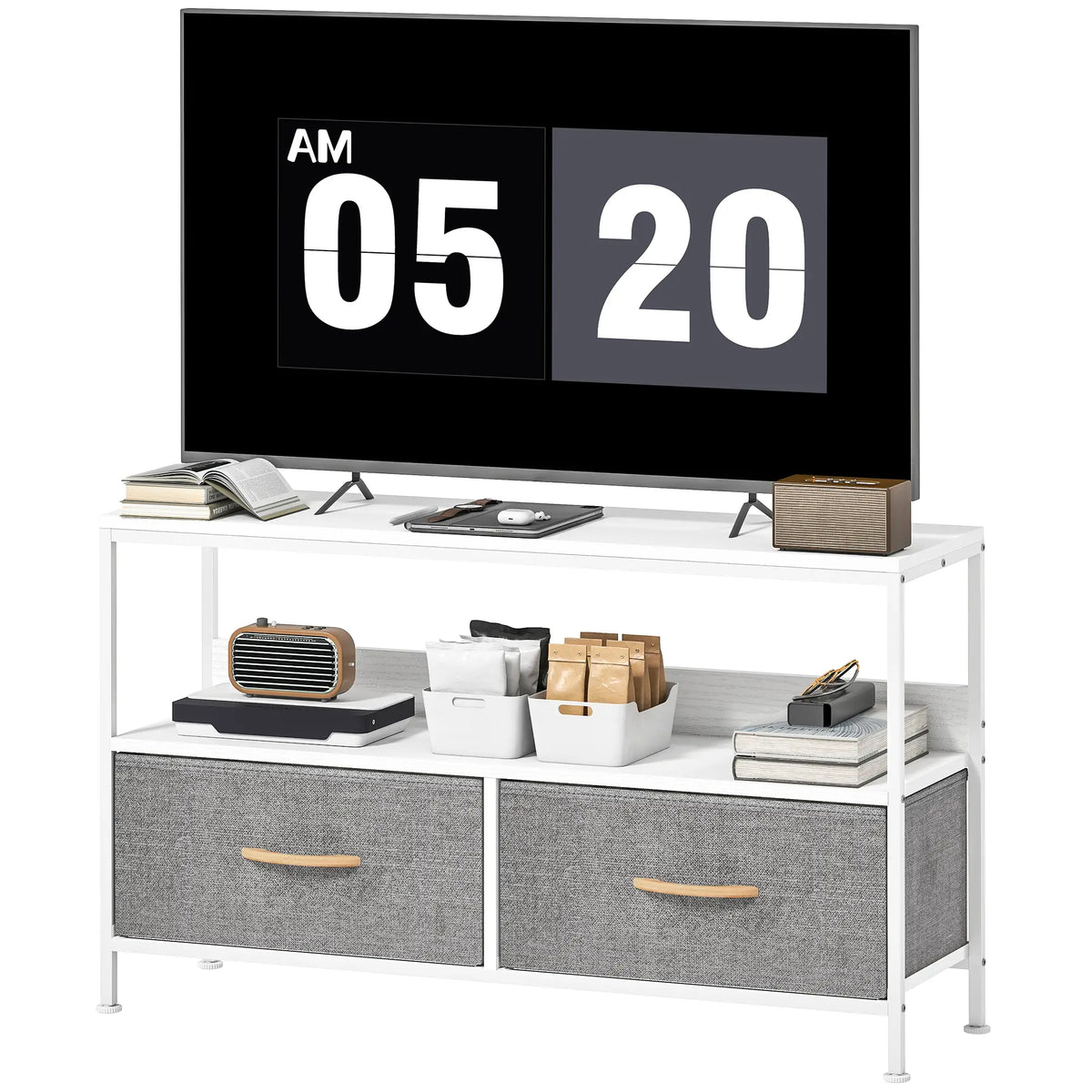 Meuble TV avec Station de Recharge, 2 Tiroirs Pliables, Étagère Ouverte, 47 Pouces, Blanc