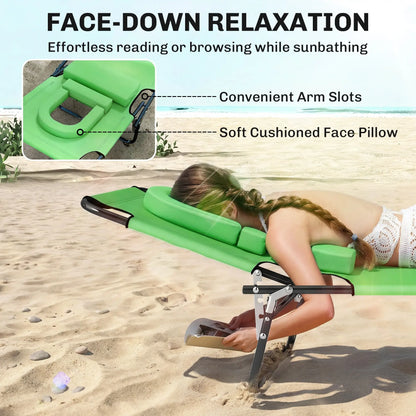 Adjustable Outdoor Lounge Chair, Folding Chaise with Face Hole, Green Lounger Chairs at Gallery Canada